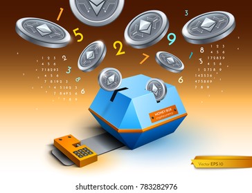 Digital vector bitcoin etherium cryptocurrency blockchain detailed illustrations. Money spread