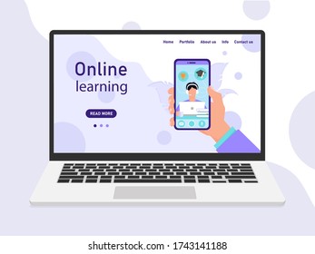 Digital vector concept of distance learning online banner template for website. Flat style in lilac colors. Electronic courses with a phone for students and schoolchildren on a laptop screen.