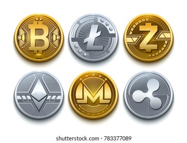 Digital vector cryptocurrency set icons. Bitcoin, Ethereum, Litecoin, Monero, Ripple, Zcash detailed coins svg