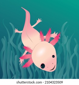 A digital vector drawing of an axolotl. His eyes are uneven. The salamander is swimming in the water with aquatic colored background. You see the animal on its back. The axolotl looks very friendly. 