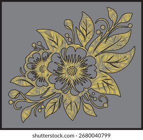 Um desenho vetorial digital de intrincados padrões florais e foliares dourados sobre um fundo cinza, apresentando pétalas e folhas texturizadas detalhadas.