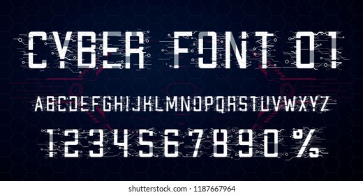 Digital vector Font design. Letters,  Numbers and percent symbol for advertising materials, web and app. Cyber Monday. Hi-tech style alphabet and numbers. Tech theme.