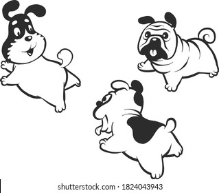 Digital vector funny comic cartoon happy puppy dogs. Hand drawn illustration, abstract realistic flat style