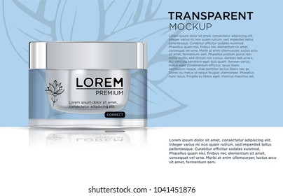 Digital vector glass face cream 
container mockup, with your brand, ready 
for print ads or magazine design. Transparent realistic 3d style