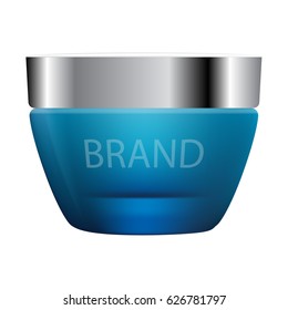 Digital vector glass face cream blue container mockup. Cosmetic bottle cream. Container for cream, foams and other cosmetics. Template For Mockup Your Design. vector illustration. Graceful cosmetic ad