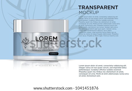 Digital vector glass face cream 
container mockup, with your brand, ready 
for print ads or magazine design. Transparent realistic 3d style