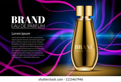 Digital Vector Glass Perfume for Women Container Mockup with Your Brand Ready for Print Ads or Magazine Design. Purple and Blue Background. Shine Realistic 3d Style