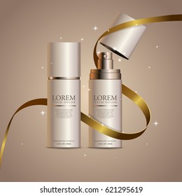 Digital vector Golden perfume container mockup, with your brand, ready for print ads or magazine design. Transparent and shine, realistic 3d style