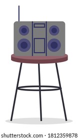 Digital vector hi-fi audio system with monitors and furniture. Audio amplifier, tuner. Home sound system stereo. Radio set on round table. Dancing and having fun, stay at home. Flat illustration