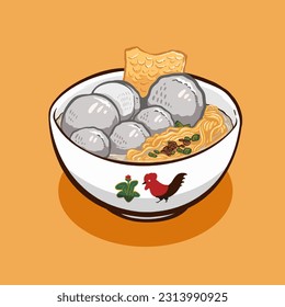 Digital vector illustration of bakso or meatball Indonesian food