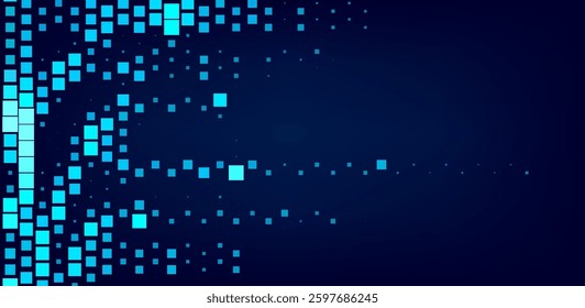 Digital vector illustration with blue squares on a dark background, forming a dynamic pattern that resembles data or pixels in a modern, tech-inspired design.