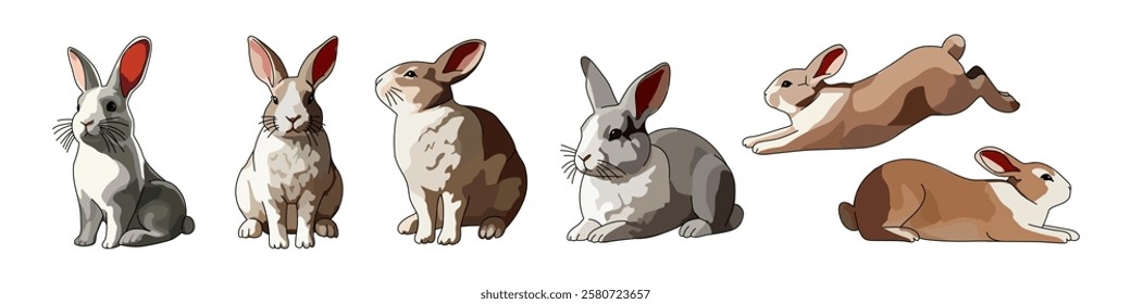 Digital vector illustration of cartoon rabbits in different poses, including sitting, lying, and jumping. Each rabbit has unique colors and expressions