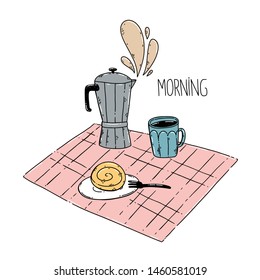 Digital vector illustration of coffee pot, blue cup, tasty cinnamon bun on the white plate and black fork on the pink table sheet.