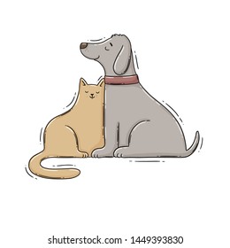 Digital vector illustration of a cute beige cat and a grey dog are sitting together.