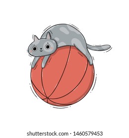 Digital vector illustration of a cute grey playful cat on the big red ball.