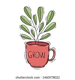 Digital vector illustration of a cute red cup with green plant inside and word grow.