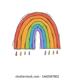 Digital vector illustration of a cute smiling rainbow with drops.