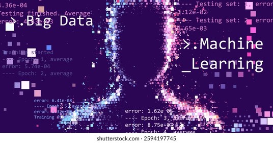 Digital vector illustration depicts artificial intelligence through a pixelated face and code snippets, symbolizing technology, data, and machine learning in a blue color scheme.