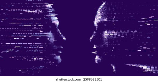 Digital vector illustration depicts two pixelated faces in profile, facing each other, with glitch-like effects in shades of blue, symbolizing communication and digital interaction.