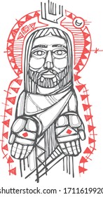 Dibujo digital vectorial o dibujo de Jesucristo con manos abiertas