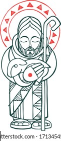 Digital vector illustration or drawing of Jesus Christ Good Shepherd with sheep