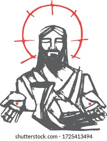 Digital vector illustration or drawing of Jesus Christ and Eucharist symbols