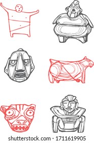 Digital vector illustration or drawing of some prehispanic indigenous symbols