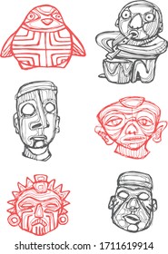 Digital vector illustration or drawing of some prehispanic indigenous symbols