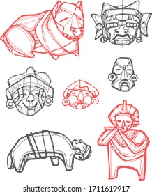 Digital vector illustration or drawing of some prehispanic indigenous symbols