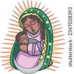 Digital vector illustration or drawing of Virgin Mary with Baby Jesus in indigenous style