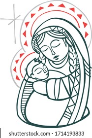 Digital vector illustration or drawing of Virgin Mary with Baby Jesus in indigenous style
