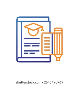 Ilustração vetorial digital de um livro educacional com tampa de graduação e desenho de lápis. Estilo geométrico simples com linhas laranja e azul.