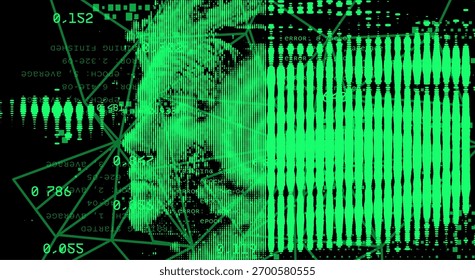 Digital vector illustration features a pixelated human head in profile in neon green and black. The style is futuristic and abstract, combining geometric shapes, numbers, and data for an AI theme.