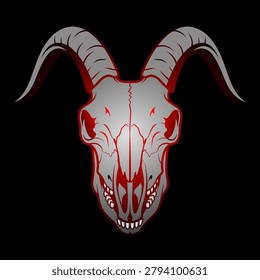 A digital vector illustration featuring a goat skull with metallic silver shading and bold red outlines on a solid black background.