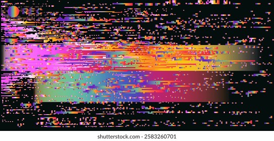 Digital vector illustration with a glitch effect features vibrant horizontal streaks of pink, yellow, and blue on a dark background. Pixelated distortions create a futuristic, abstract aesthetic.