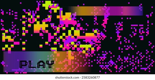 Digital vector illustration with a glitch effect features vibrant holographic horizontal streaks on a dark background. Pixelated distortions create a futuristic, abstract aesthetic.