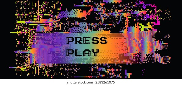 Digital vector illustration with a glitch effect features vibrant holographic horizontal neon streaks on a dark background. Pixelated distortions create a futuristic, abstract aesthetic.