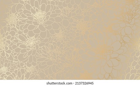 Digital vector illustration - golden chrysanthemum flowers in hand drawn line art on beige background. Luxurious art deco wallpaper design for print, poster, cover, banner, fabric, invitation.