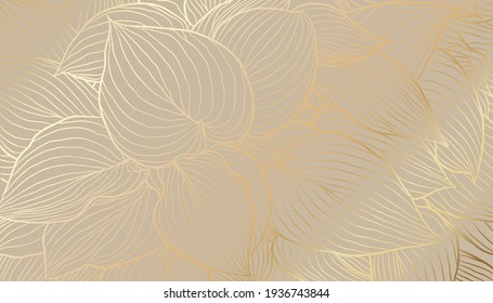 Digital vector illustration - golden hosta leaves in hand drawn line art on beige background. Luxurious art deco wallpaper design for print, poster, cover, banner, fabric, invitation.