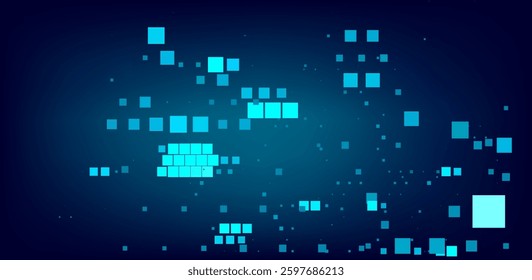 Digital vector illustration of grid of blue squares on a dark background. Arrangement of squares creates a dynamic, flowing pattern that resembles data or pixels in a modern, tech-inspired design.