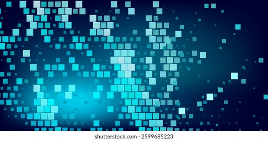 Digital vector illustration of grid of blue squares on a dark background. Arrangement of squares creates a dynamic, flowing pattern that resembles data or pixels in a modern, tech-inspired design.
