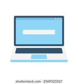 A digital vector illustration of a laptop with a blue background and a centered search bar. Ideal for themes like online searches, technology, and digital workspaces