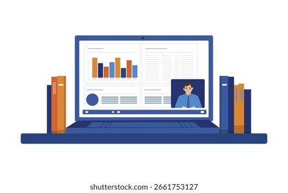 Ilustración vectorial digital de la pantalla de un ordenador portátil que muestra gráficos y gráficos de datos durante una reunión virtual. Los libros flanquean la computadora, mejorando el contexto de trabajo desde casa.