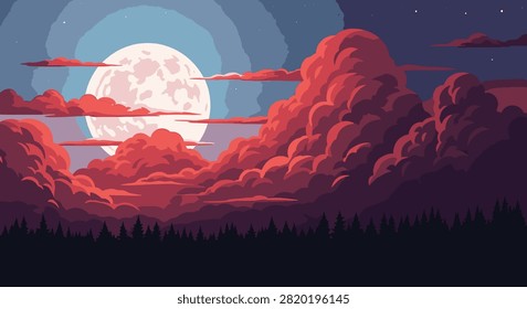 Digital vector illustration of a large full moon rising behind vibrant red and orange cumulus clouds over a dark silhouetted coniferous forest at night under a starry blue sky.