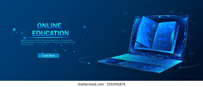 Digital Vector Illustration. Low Poly Wireframe Online Education Blue Background Or Concept With Opened Book.  Online Reading Or Courses. Digital Classroom Online Education.