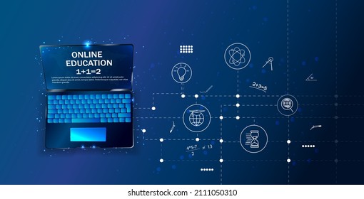 Digital Vector Illustration. Low Poly Wireframe Online Education Blue Background Or Concept With Opened Book. Online Reading Or Courses. Digital Classroom Online Education.