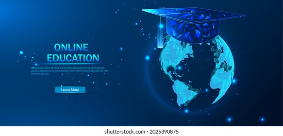 Digital vector illustration. A low-poly frame online educational blue background or an open-world concept. Online training or courses. Online Education In The Digital Classroom.