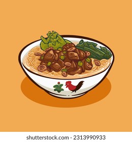 Digital vector illustration of mie ayam or chiken noodles Indonesian tradional food