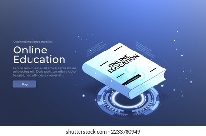 Digital vector illustration. Online education blue background or concept with earth planet. Online reading or courses. Online learning in digital classroom. Learning from anywhere in the world. Vector