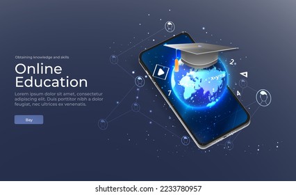 Digital vector illustration. Online education blue background or concept with earth planet. Online reading or courses. Online learning in digital classroom. Learning from anywhere in the world. Vector